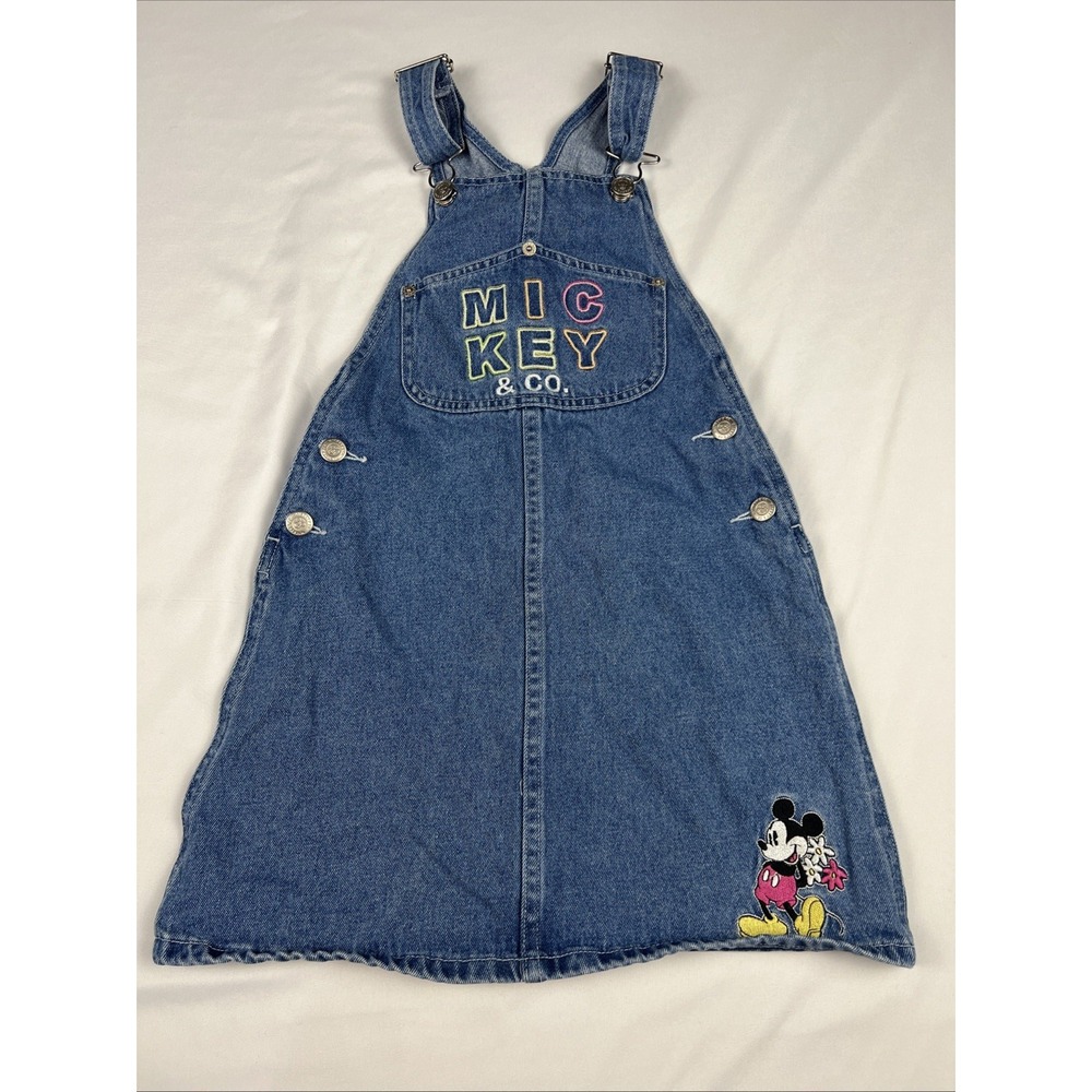 Vintage Mickey & Co Girls Denim Overall Dress Blue Disney Embroidered Size 10-12